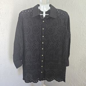 Black Long Sleeve Eyelet Button-Up Blouse With Scalloped Hem Cottagecore